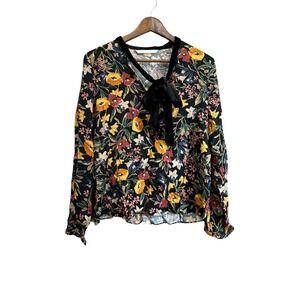 Zara Floral Blouse Long Sleeve Bow Tie Neck Black Multicolor Top‎ - Medium